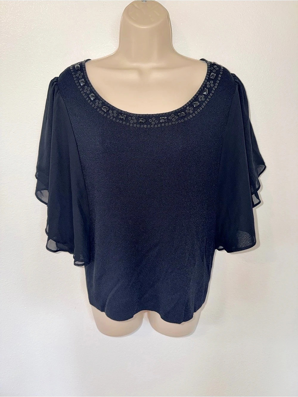 Jones New York Collection Embellished Neckline Ruffle Sleeve Blouse in Black